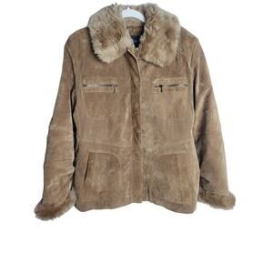 Outbrook womens suede coat removable faux fur sz L missy 12/14 penny lane boho